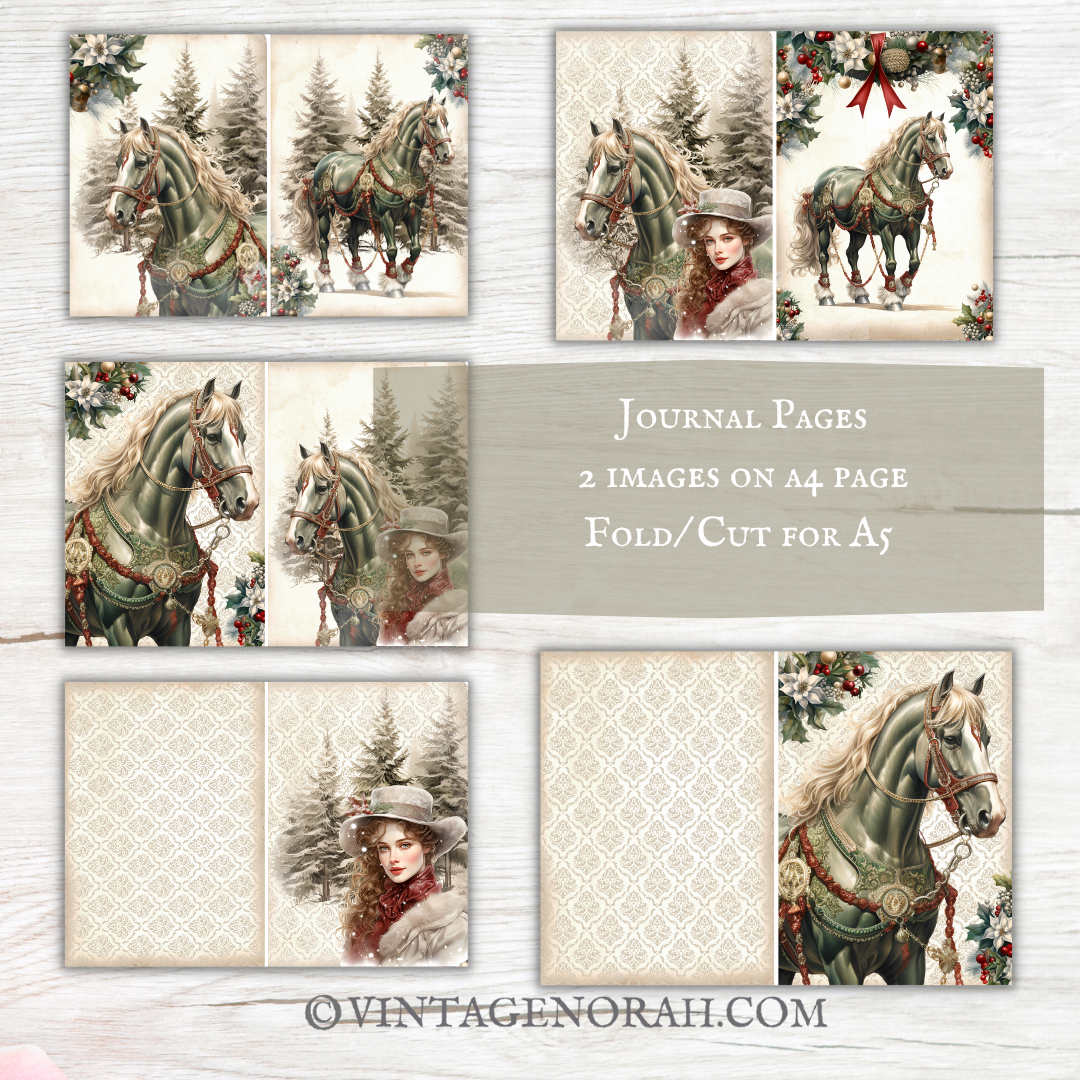 Journal Pagess ~ CHRISTMAS HORSE by VintageNorah. Printable, Pdf.