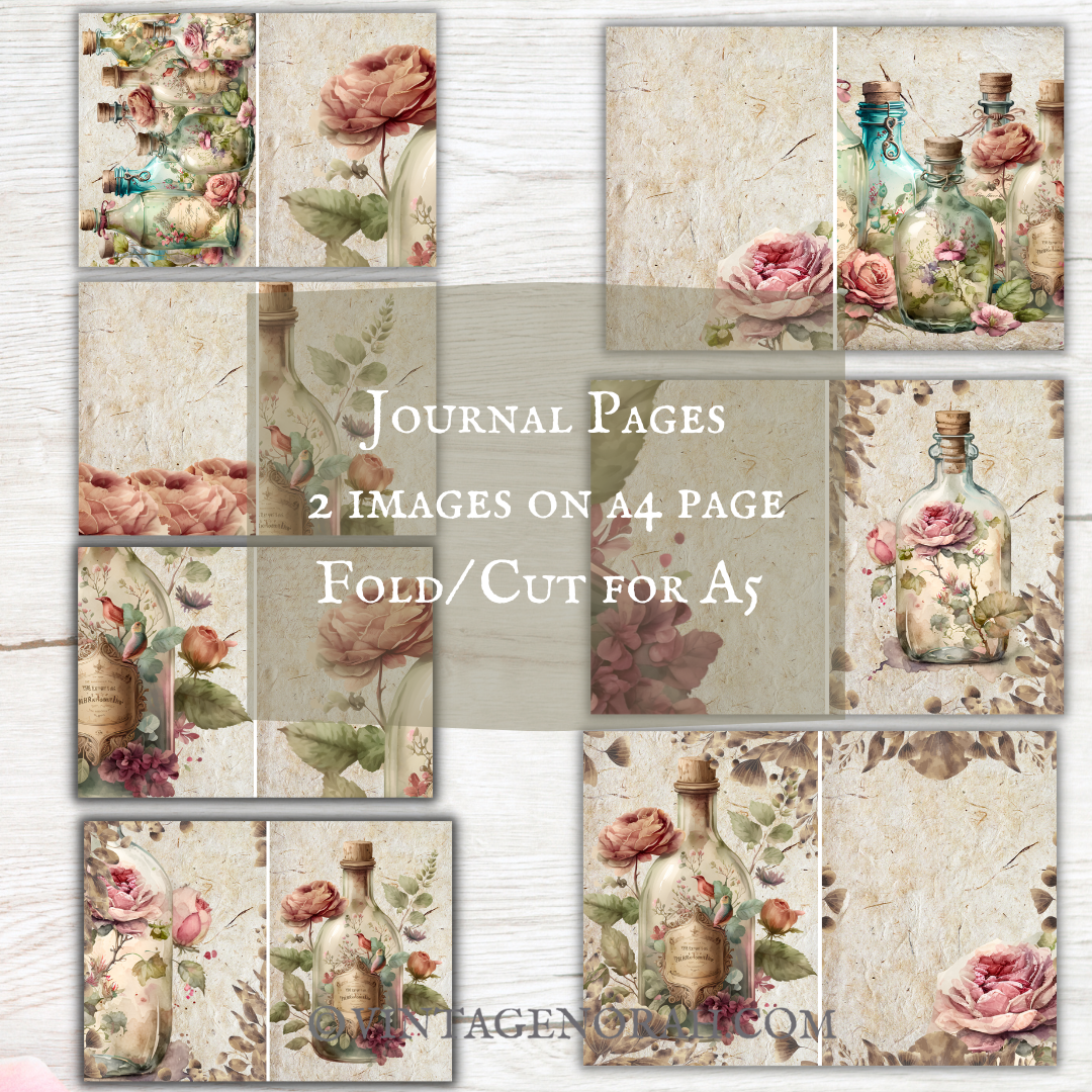 Journal Pages ~ FLOWER BOTTLE by VintageNorah. Printable, Pdf.
